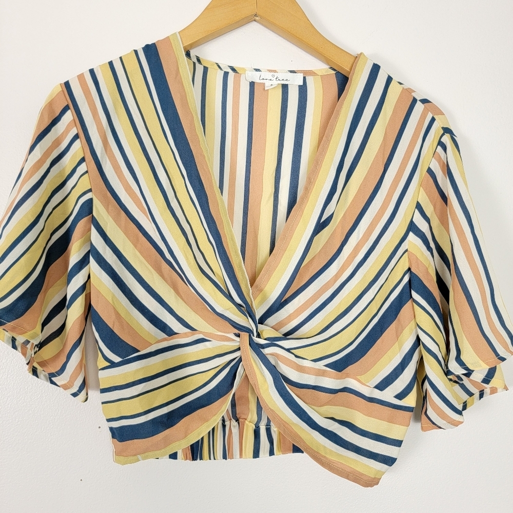Love Tree Blue Yellow Crop Blouse Striped Sheer Light Loose Small Top